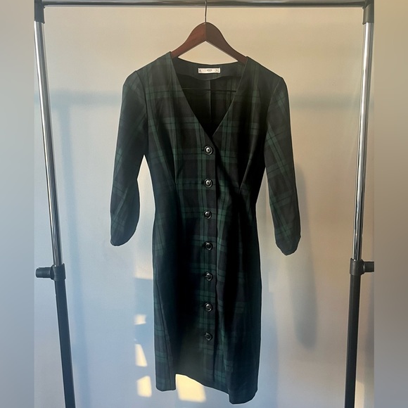 MNG Casual Green Plaid V-neck Dress - Picture 1 of 8